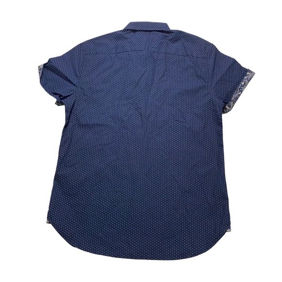 Denim & Flower Men Navy White Dots All Over Button-Front Shirt Sz Sm Poplin NWT - Picture 7 of 11